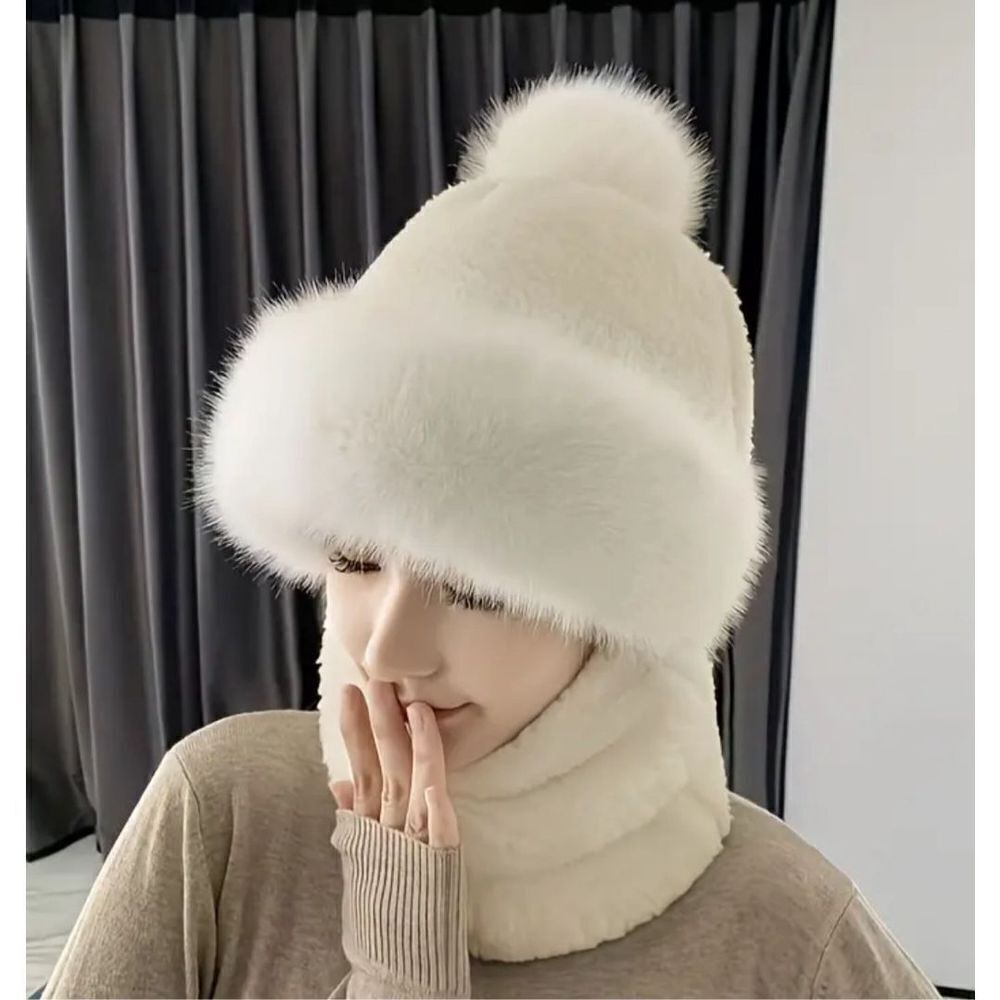 Plush White Faux Fur Pom-Pom Hat with Matching Neck Warmer